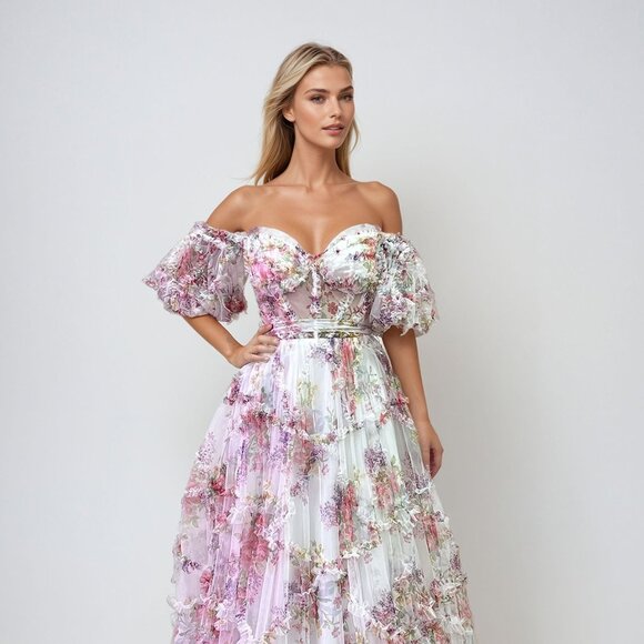 NEW FORMAL SLEEVELESS A-LINE RUCHED FLORAL GOWN W/ OFF SHOULDER SLEEVES JT2887C